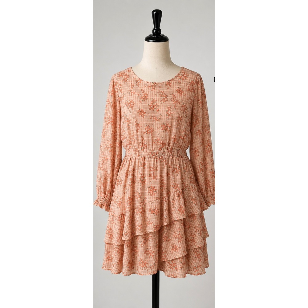 LOFT Floral Grid Tiered Ruffle Mini Dress Peach Coral Long Sleeve Smocked Cuffs